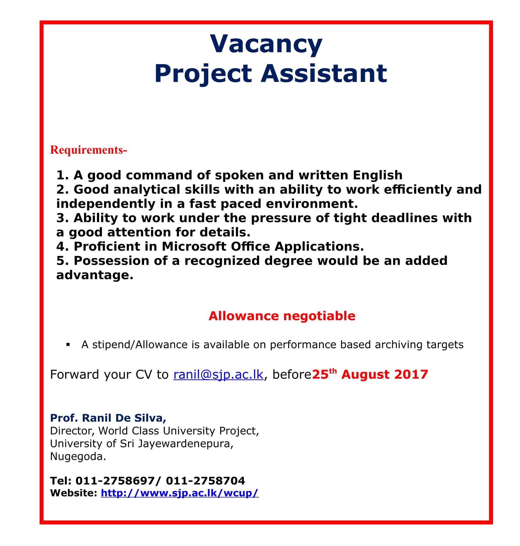 Project Assistant - University of  Sri Jayewardenepura